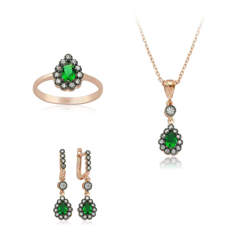 Gümüş Yeşil Taşlı Damla Bayan Set Gümüş Yeşil Taşlı Damla Bayan Set
